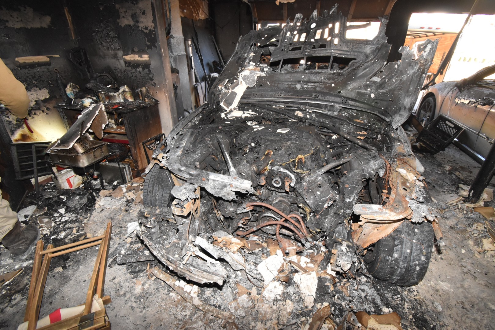 Engine compartment of a burned vehicle